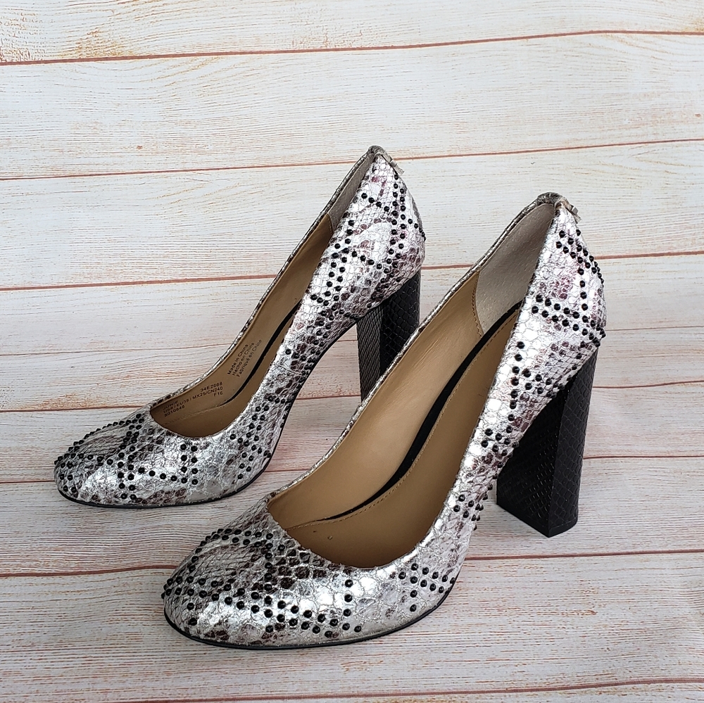 Calvin Klein Junie Leather Metallic Studded Block Heel Pumps